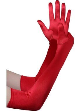 Women's Red Long Opera Party 20s Satin Gloves Stretchy Arm Cover Elbow Length
